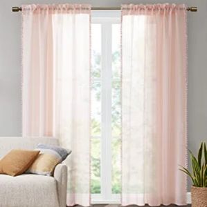 Pom Pom Sheer Blush Barbiecore Curtains for Living Room 84 Inches Long(Set of 2)